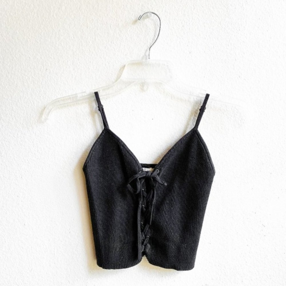 LA Hearts Black Ribbed Lace-Up Crop Tank
